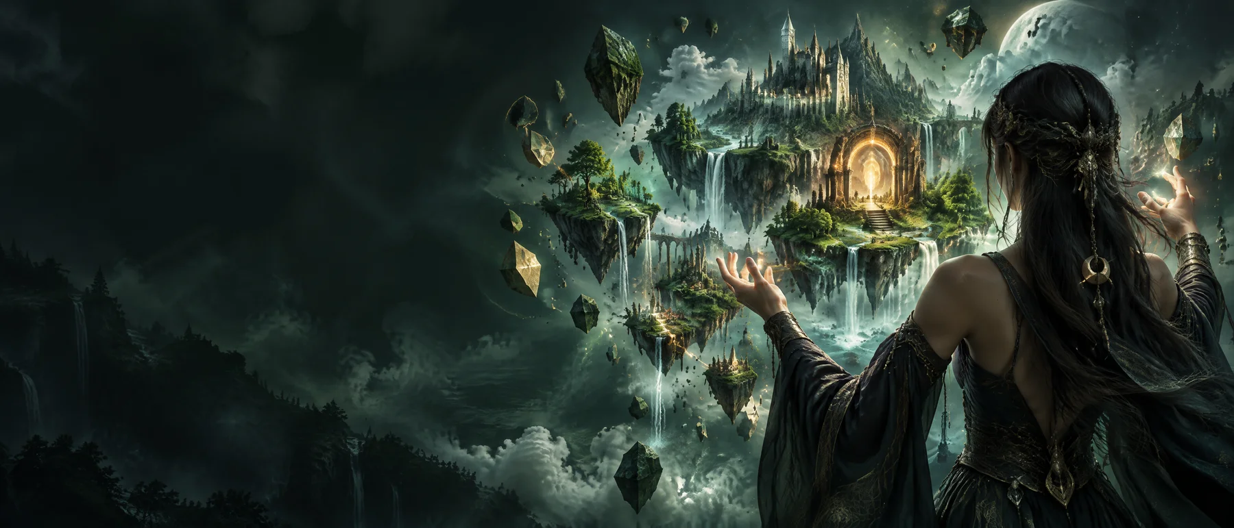 A sorceress conjuring a floating fantasy world